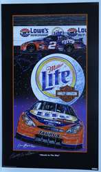 Autographed Rusty Wallace "Wheels in the Sky" Original Sam Bass 29" X 17" Print  Sam Bass, Rusty Wallace, Miller Lite, Harley Davidson, Monster Energy Cup Series, Winston Cup, Poster